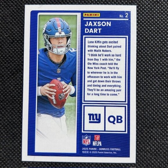 Jaxson Dart - 2025 Panini Donruss The Rookies #2 New York Giants (RC) Rookie - Picture 2 of 2